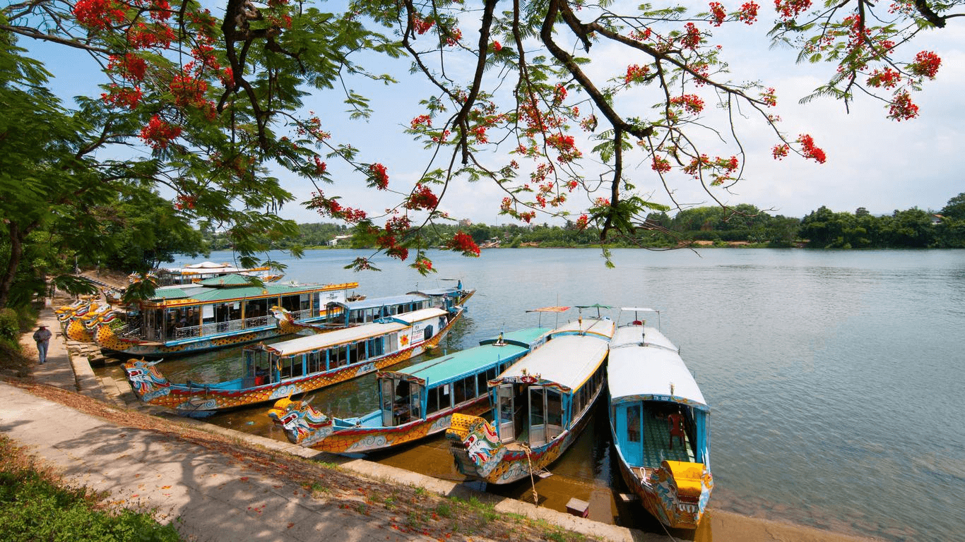 The scenery along the bank of Perfume River (Hue Vietnam) in the summer