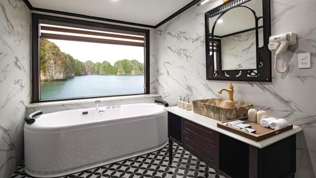 Aspira Cruise Suite Elegant Bathroom with Long Bathtub