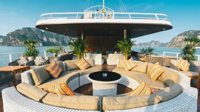 Halong Catamaran Cruise A Comfortable Round Sofa on Sundeck