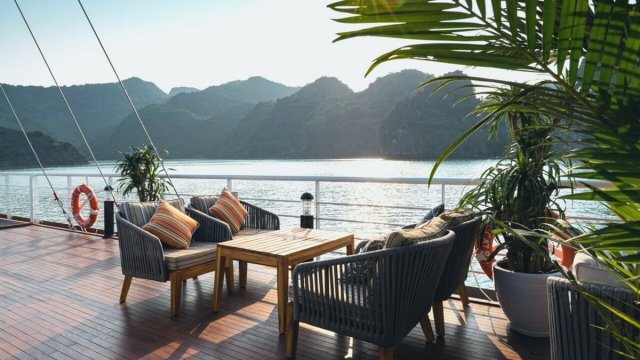 Halong Catamaran Cruise Tea Table and Chair on the Terrace for Relaxing Moments