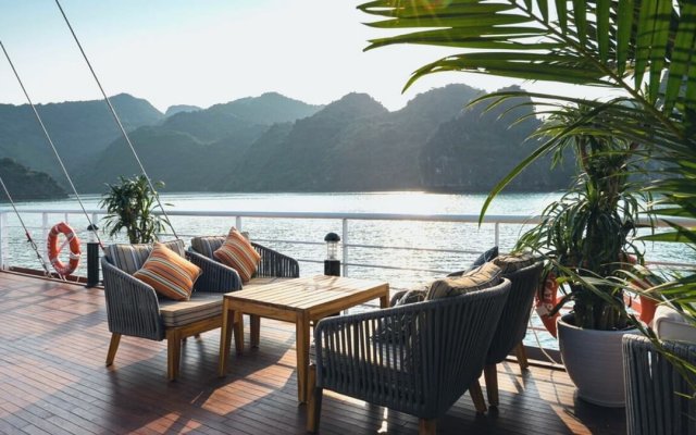 Halong Catamaran Cruise Tea Table and Chair on the Terrace for Relaxing Moments