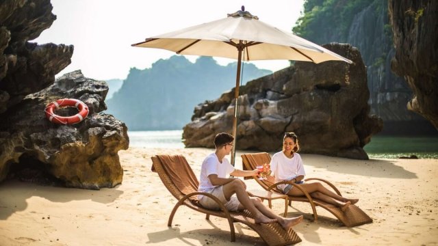 Legend Halong Cruise Sunbathing on beaches