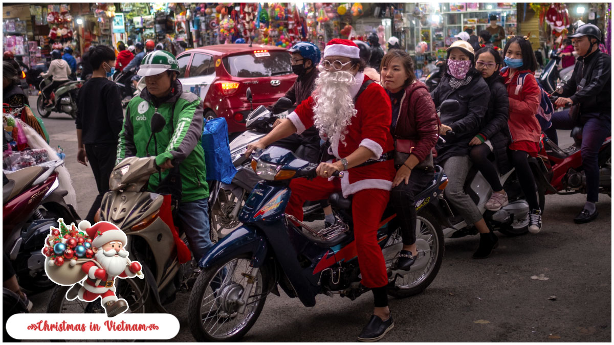 Christmas in Vietnam Santa Claus Riding a Motorbike in Vietnam