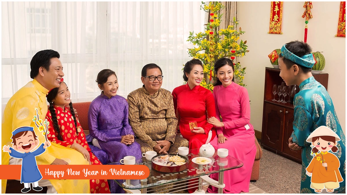 Happy New Year in Vietnamese - Family members exchange greetings in Tet