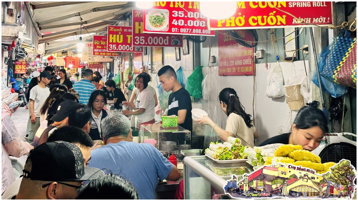 There are many food stalls surrounding Dong Xuan Market Hanoi