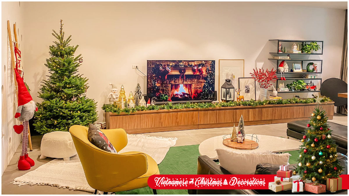 Vietnamese Christmas decorations at home with Christmas trees and twinkling lights