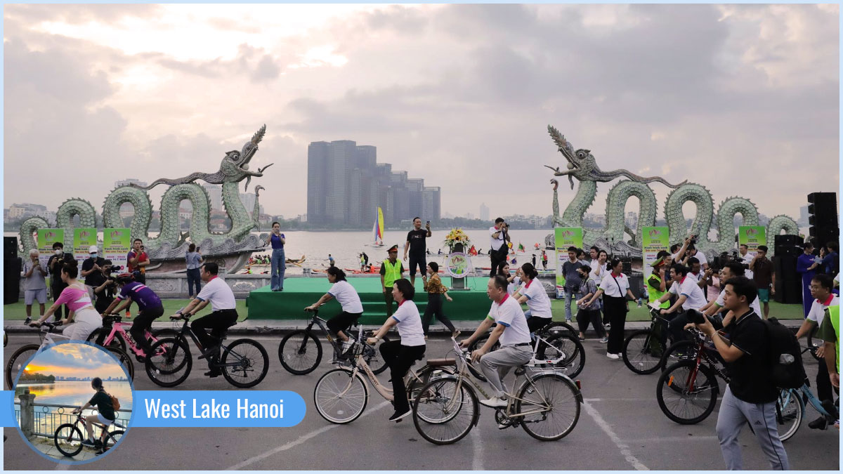 Cycling around West Lake Hanoi